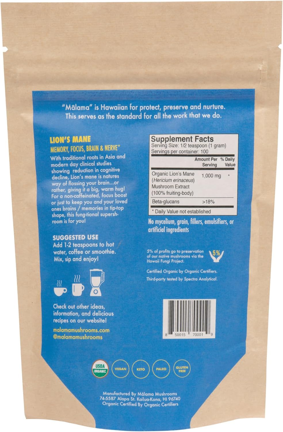 Organic Lion's Mane Mushroom Extract Powder by Malama - Superfood for Memory, Focus, Brain, & Nerves - Adaptogenic Supplement