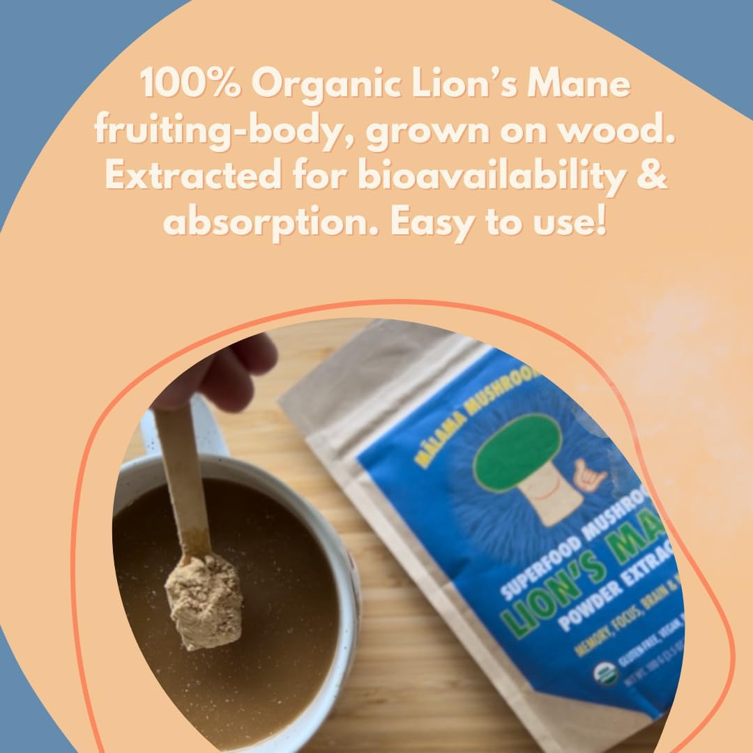 Organic Lion's Mane Mushroom Extract Powder by Malama - Superfood for Memory, Focus, Brain, & Nerves - Adaptogenic Supplement