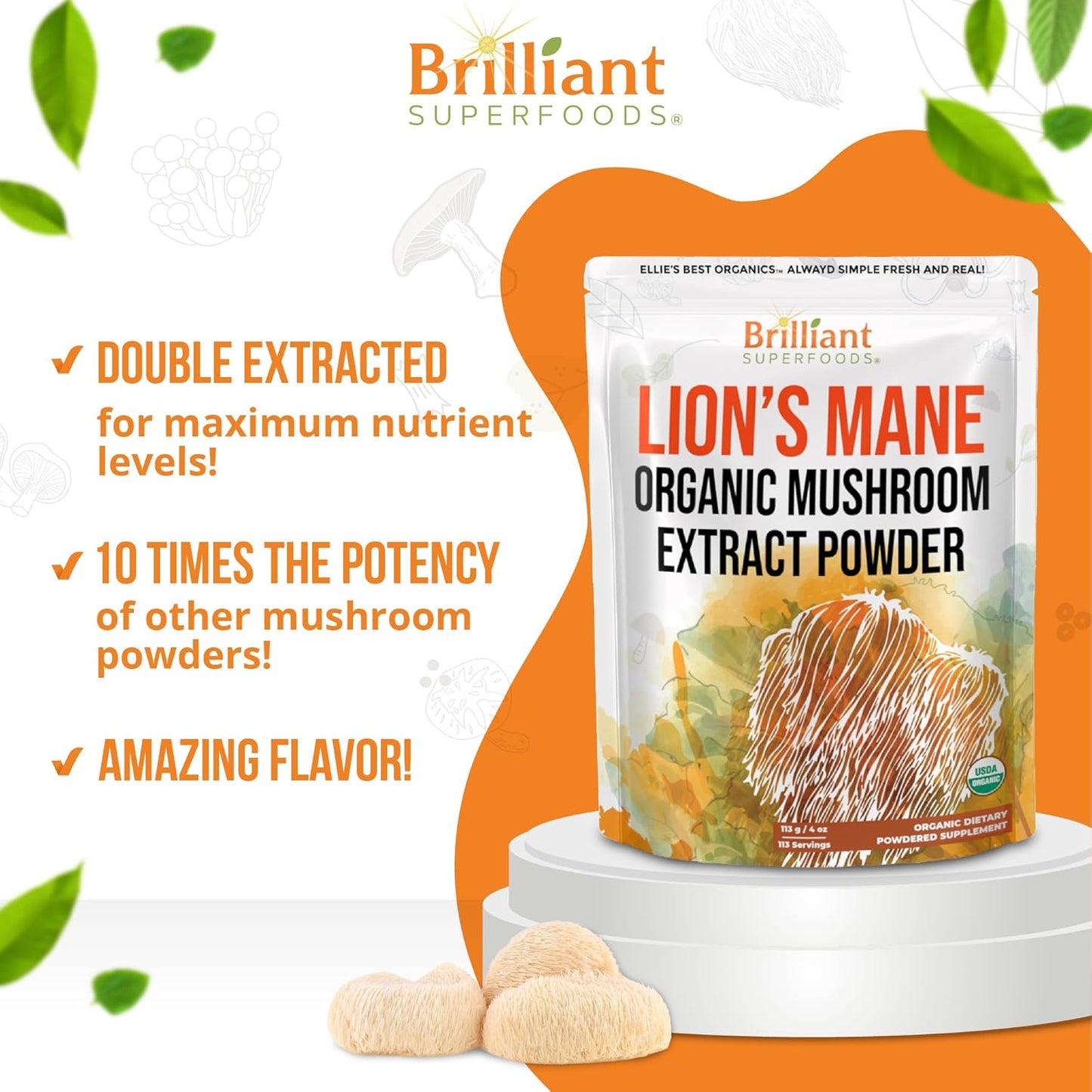 Organic Lions Mane Mushroom Extract Powder Supplement - Double Extracted for High Potency - Dissolves in Coffee, Tea, Juice - 4oz - 114 Servings