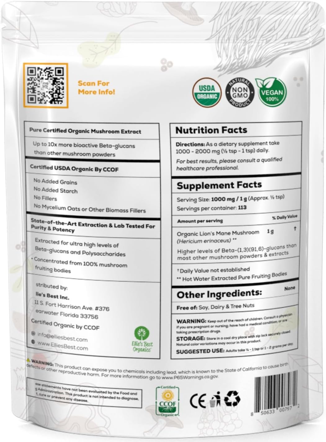 Organic Lions Mane Mushroom Extract Powder Supplement - Double Extracted for High Potency - Dissolves in Coffee, Tea, Juice - 4oz - 114 Servings