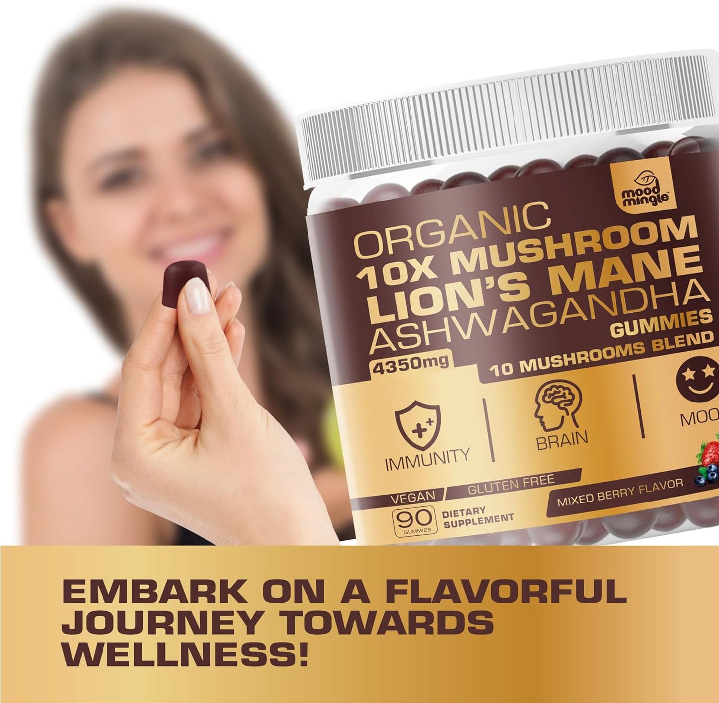 Organic Lion’s Mane Mushroom Gummies - 10X Strength for Kids and Adults - Gluten Free Daily Supplement Blend with Reishi, Turkey Tail, Shiitake - 4350mg