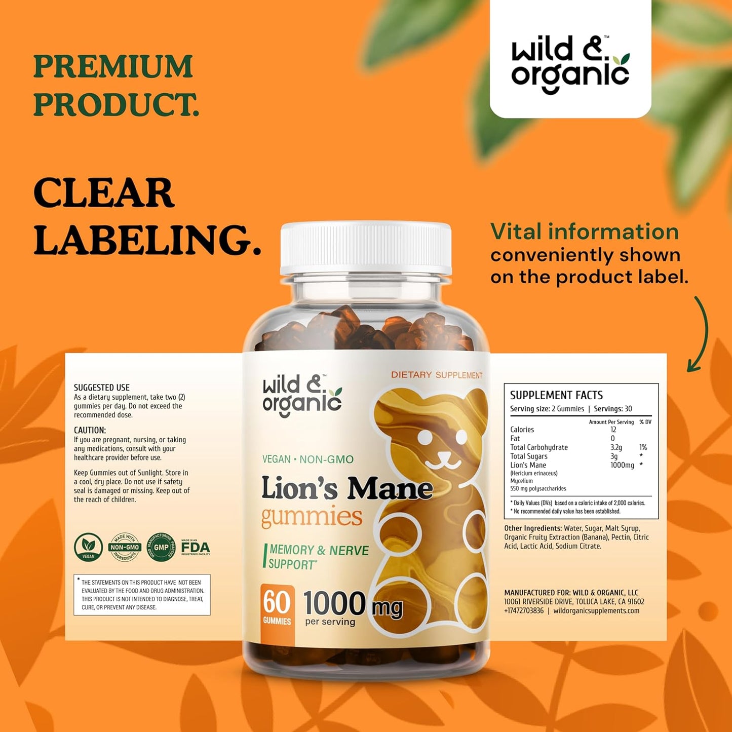 Organic Lions Mane Mushroom Gummies 1000mg - Natural Brain Energy Support - 60 Vegan Chews for Focus - Non-GMO Lion's Mane Supplement