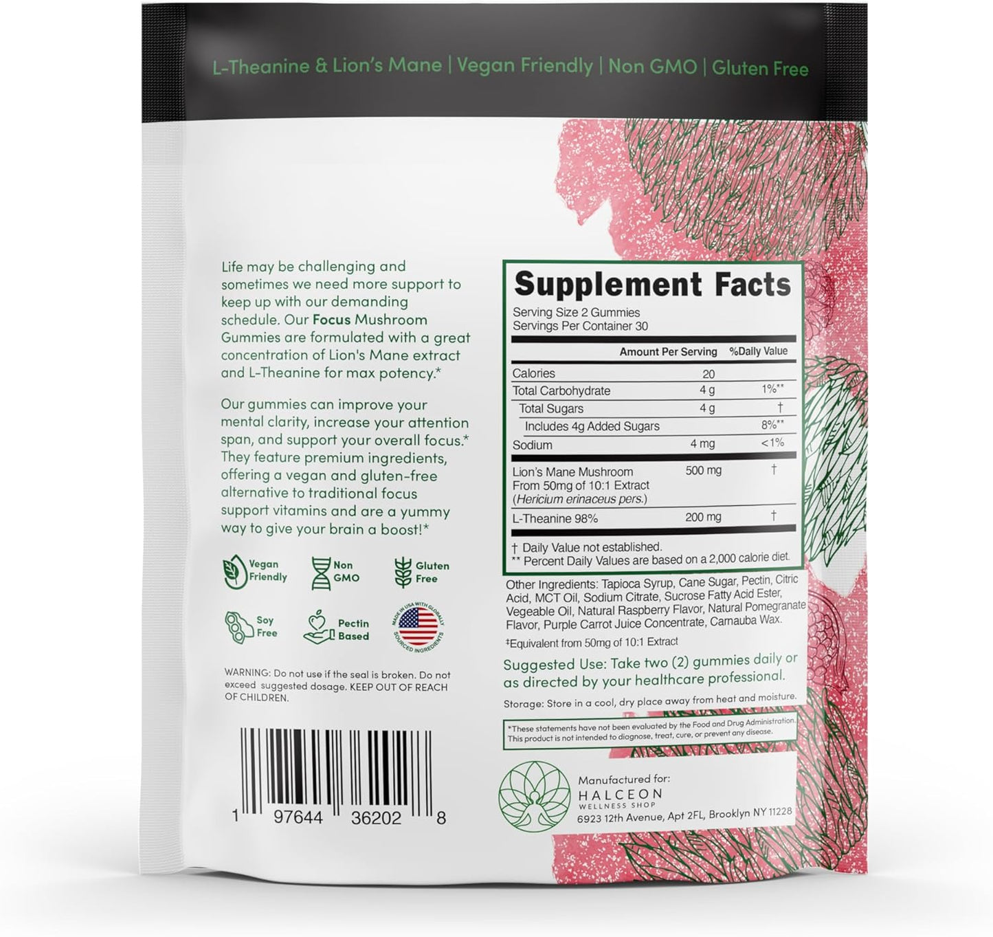 Organic Lion's Mane Mushroom Gummies with L-Theanine for Brain Health - Nootropic Vegan Supplement for Focus - 60 Count