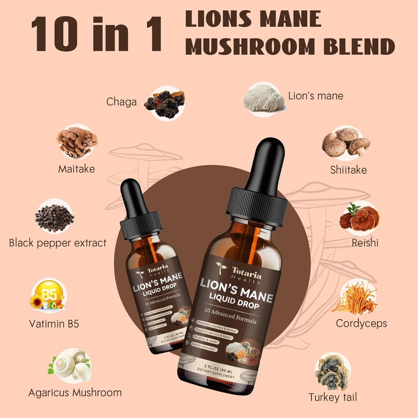 Organic Lions Mane Mushroom Liquid Drops - Brain & Immune Support Supplement with Memory & Focus Boost - Non-GMO, Gluten-Free, Vegan Superfood Tincture
