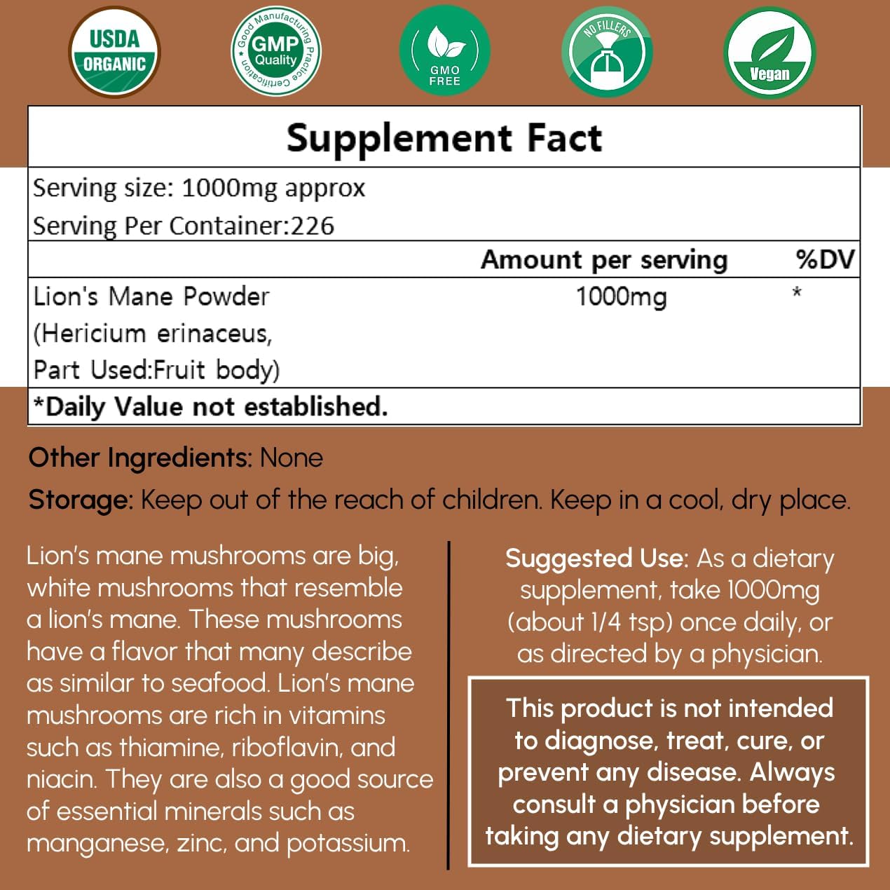 Organic Lions Mane Mushroom Powder 8 oz - Vegan Supplement with Antioxidants by Beleon Goods