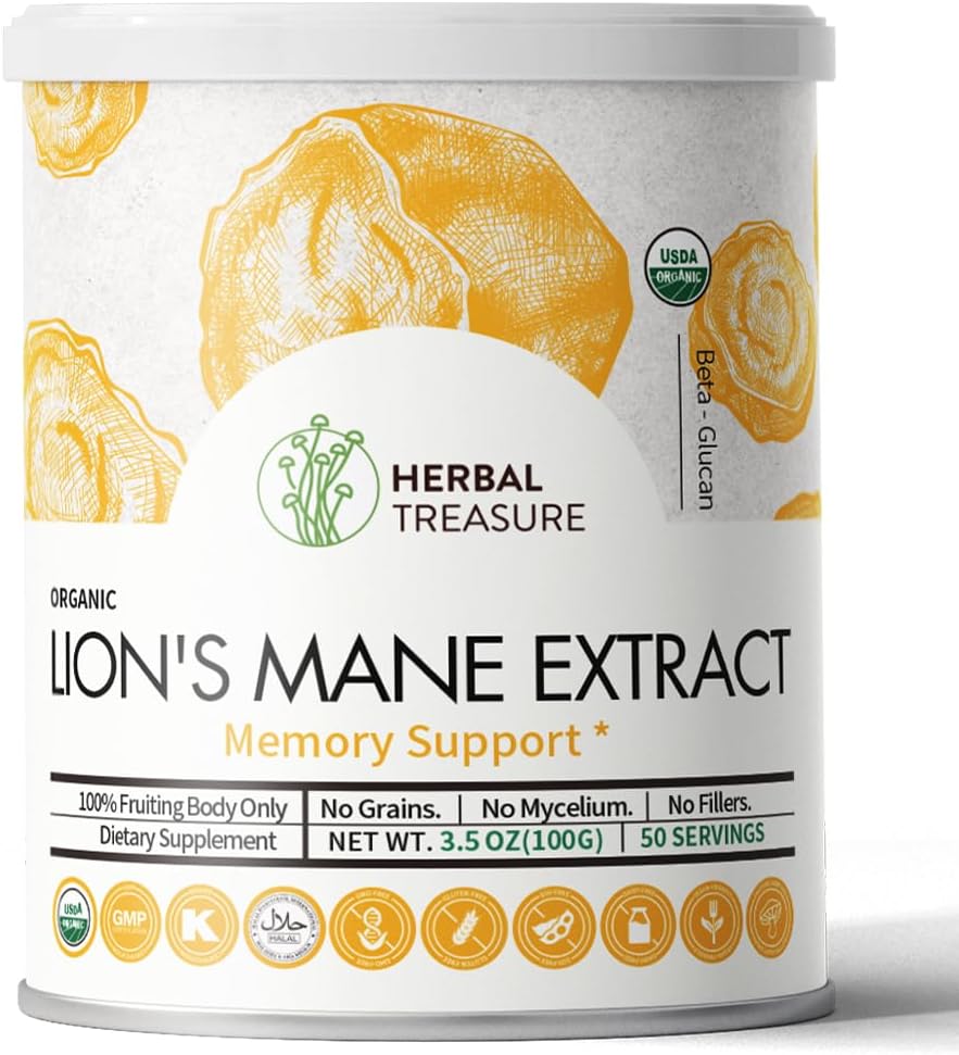 Organic Lions Mane Mushroom Powder for Memory, Concentration, and Mood Support - Non-GMO and Gluten-Free - 50 Servings