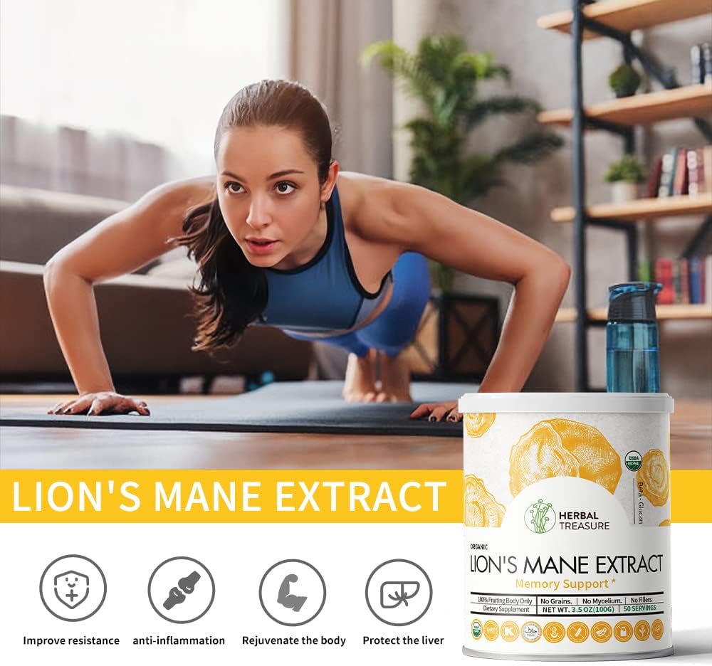 Organic Lions Mane Mushroom Powder for Memory, Concentration, and Mood Support - Non-GMO and Gluten-Free - 50 Servings
