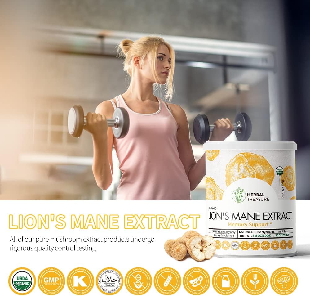 Organic Lions Mane Mushroom Powder for Memory, Concentration, and Mood Support - Non-GMO and Gluten-Free - 50 Servings