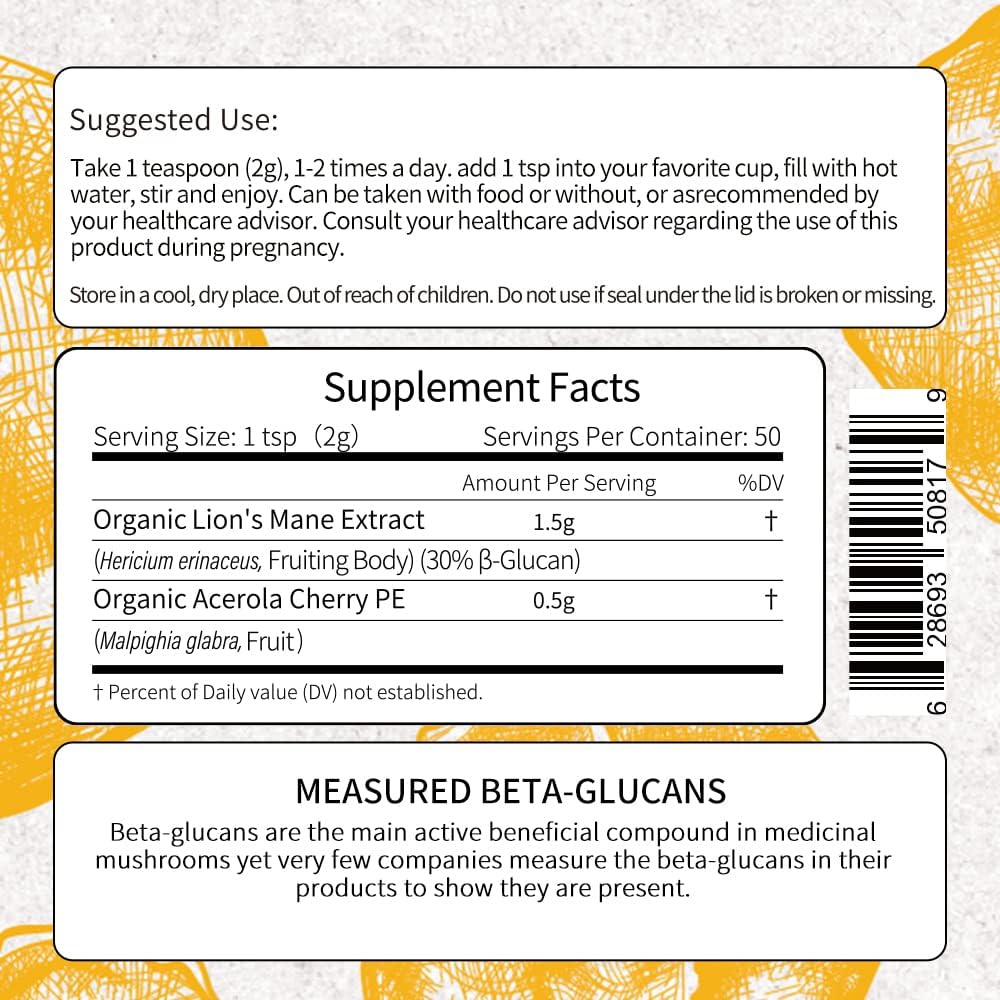 Organic Lions Mane Mushroom Powder for Memory, Concentration, and Mood Support - Non-GMO and Gluten-Free - 50 Servings