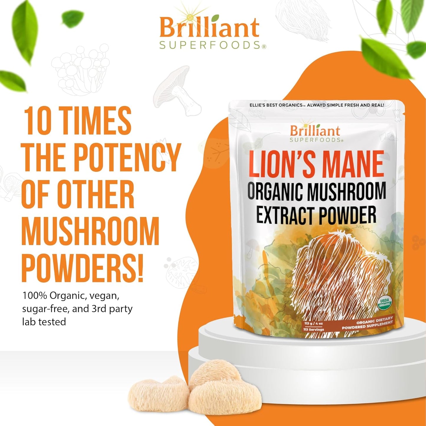 Organic Lions Mane Mushroom Powder Supplement - Double Extracted for Maximum Potency - Dissolves in Coffee, Tea, Juice - 228 Servings - 8oz