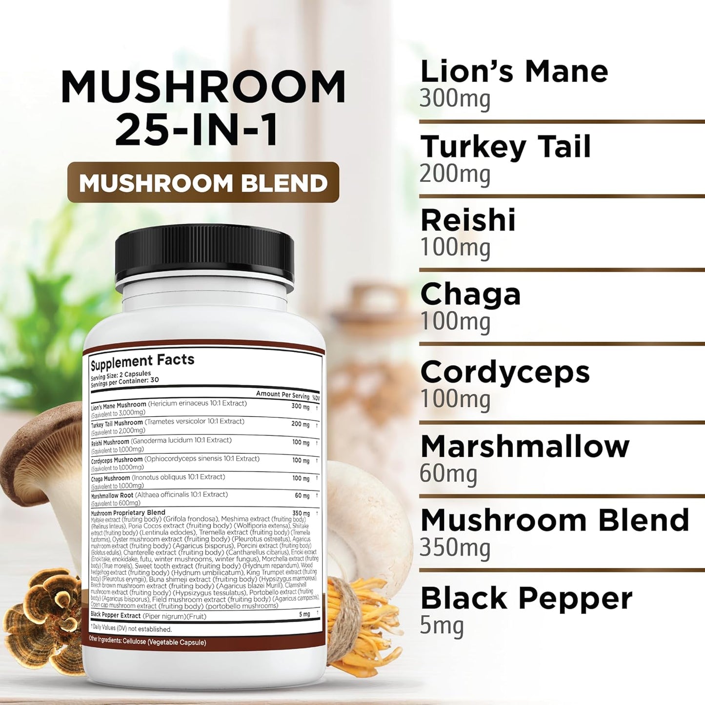 Organic Lions Mane Mushroom Supplement Bundle with Reishi, Cordyceps, Chaga, and Marshmallow Root - 2 Pack