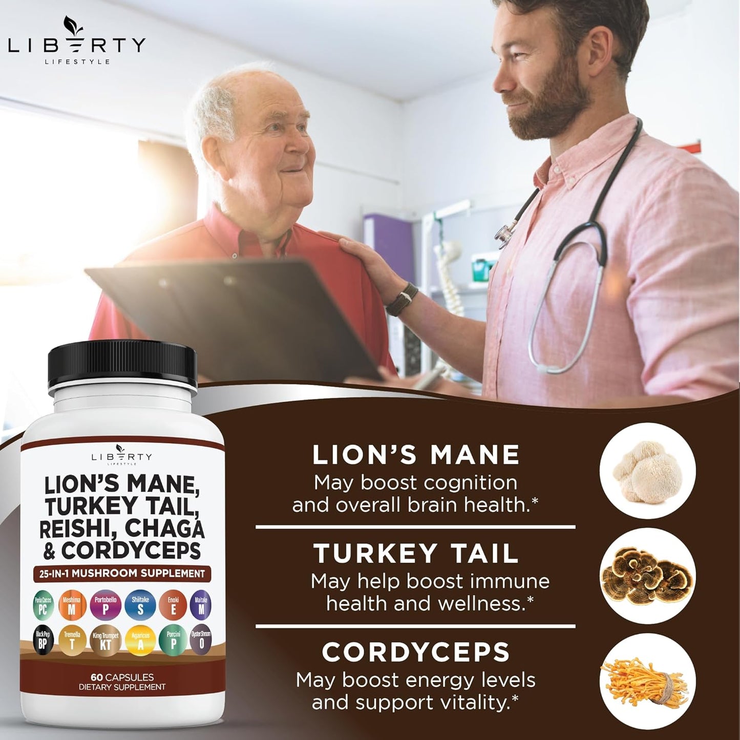 Organic Lions Mane Mushroom Supplement Bundle with Reishi, Cordyceps, Chaga, and Marshmallow Root - 2 Pack