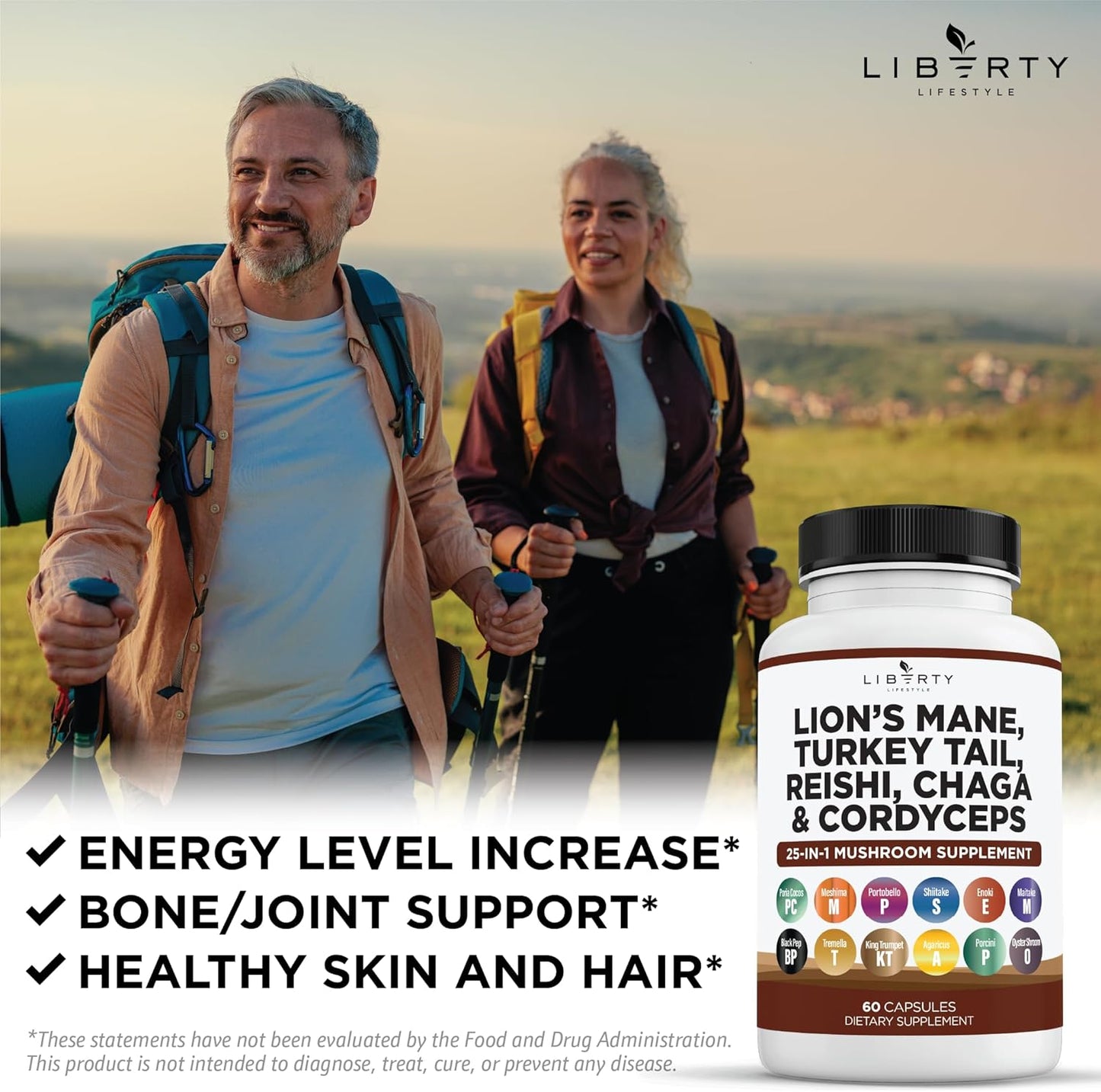 Organic Lions Mane Mushroom Supplement Bundle with Reishi, Cordyceps, Chaga, and Marshmallow Root - 2 Pack