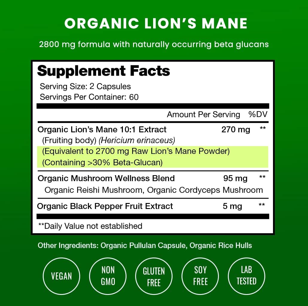 Organic Lions Mane Mushroom Supplement for Mental Clarity and Immune Support (2 Month Supply)