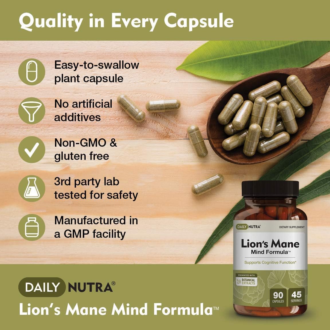 Organic Lion’s Mane Nootropic Supplement for Cognitive Health - Mushroom Extract with Bacopa, Gingko, and Gota Kola (90 Capsules)