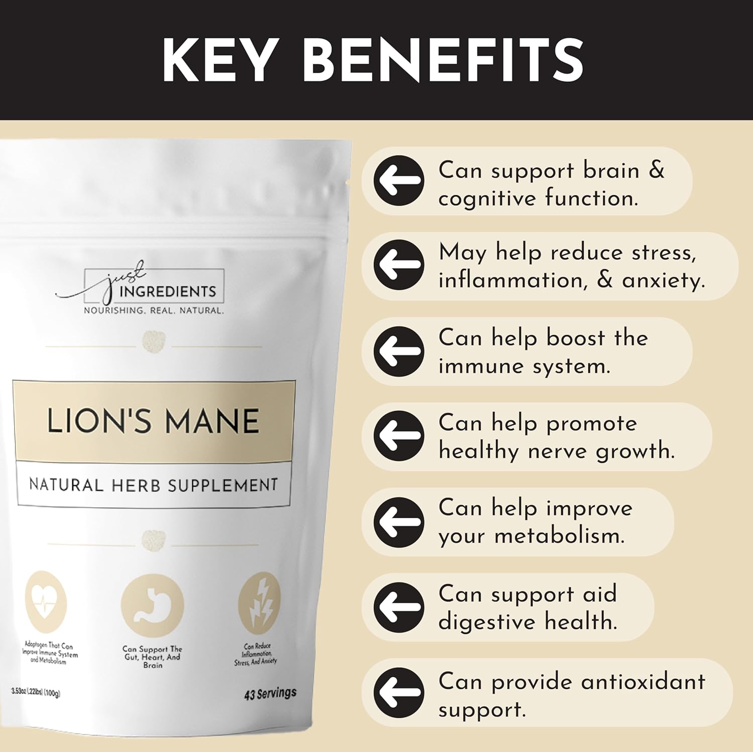 Organic Lion's Mane Powder - 100 Servings - Vegan Supplement for Digestive Health & Cognitive Function - Antioxidant-Rich - No Additives