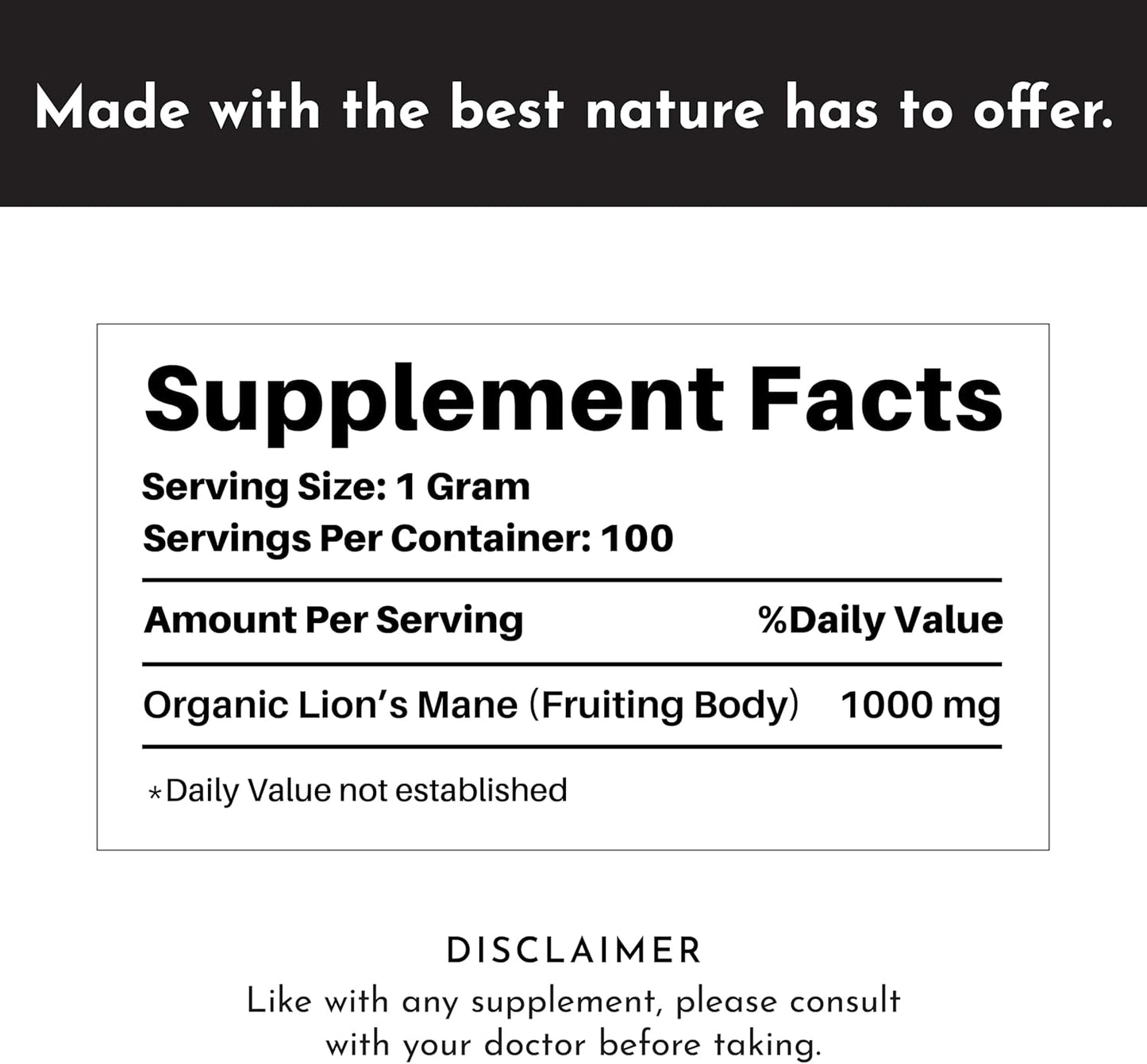 Organic Lion's Mane Powder - 100 Servings - Vegan Supplement for Digestive Health & Cognitive Function - Antioxidant-Rich - No Additives