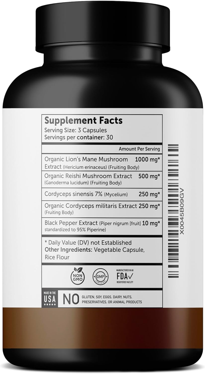 Organic Lions Mane, Reishi, and Cordyceps Capsules - Immune & Cognitive Support for Adults - 90 Veggie Capsules by Ultra6 Nutrition