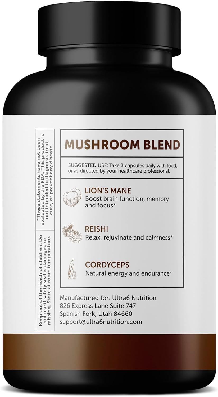 Organic Lions Mane, Reishi, and Cordyceps Capsules - Immune & Cognitive Support for Adults - 90 Veggie Capsules by Ultra6 Nutrition