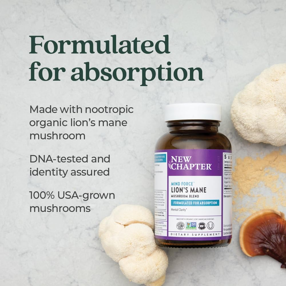 Organic Lion's Mane + Reishi Mushroom Nootropic Supplement for Mental Clarity - Vegan and Non-GMO - 60 ct