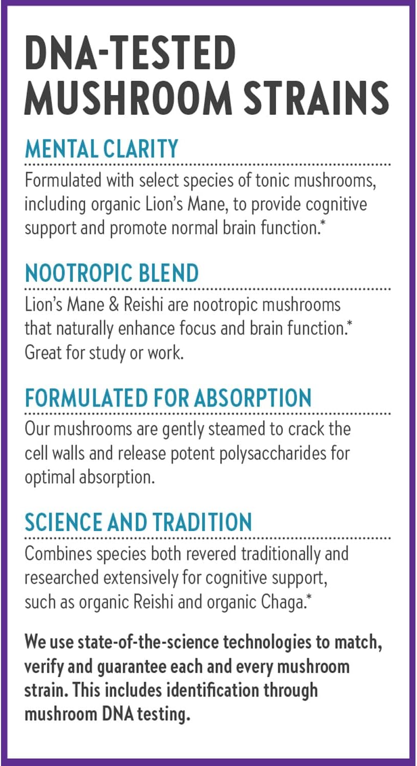Organic Lion's Mane + Reishi Mushroom Nootropic Supplement for Mental Clarity - Vegan and Non-GMO - 60 ct