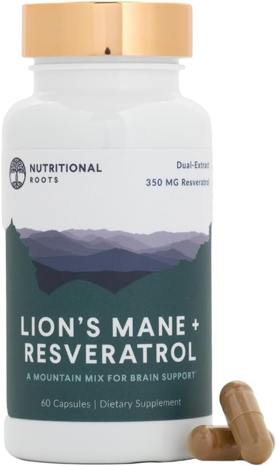 Organic Lion's Mane & Resveratrol Capsules - 800mg Lion's Mane Extract, Plant-Based Trans Resveratrol, Brain Health Supplement, 60ct.