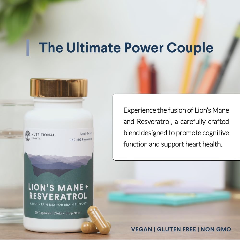 Organic Lion's Mane & Resveratrol Capsules - 800mg Lion's Mane Extract, Plant-Based Trans Resveratrol, Brain Health Supplement, 60ct.