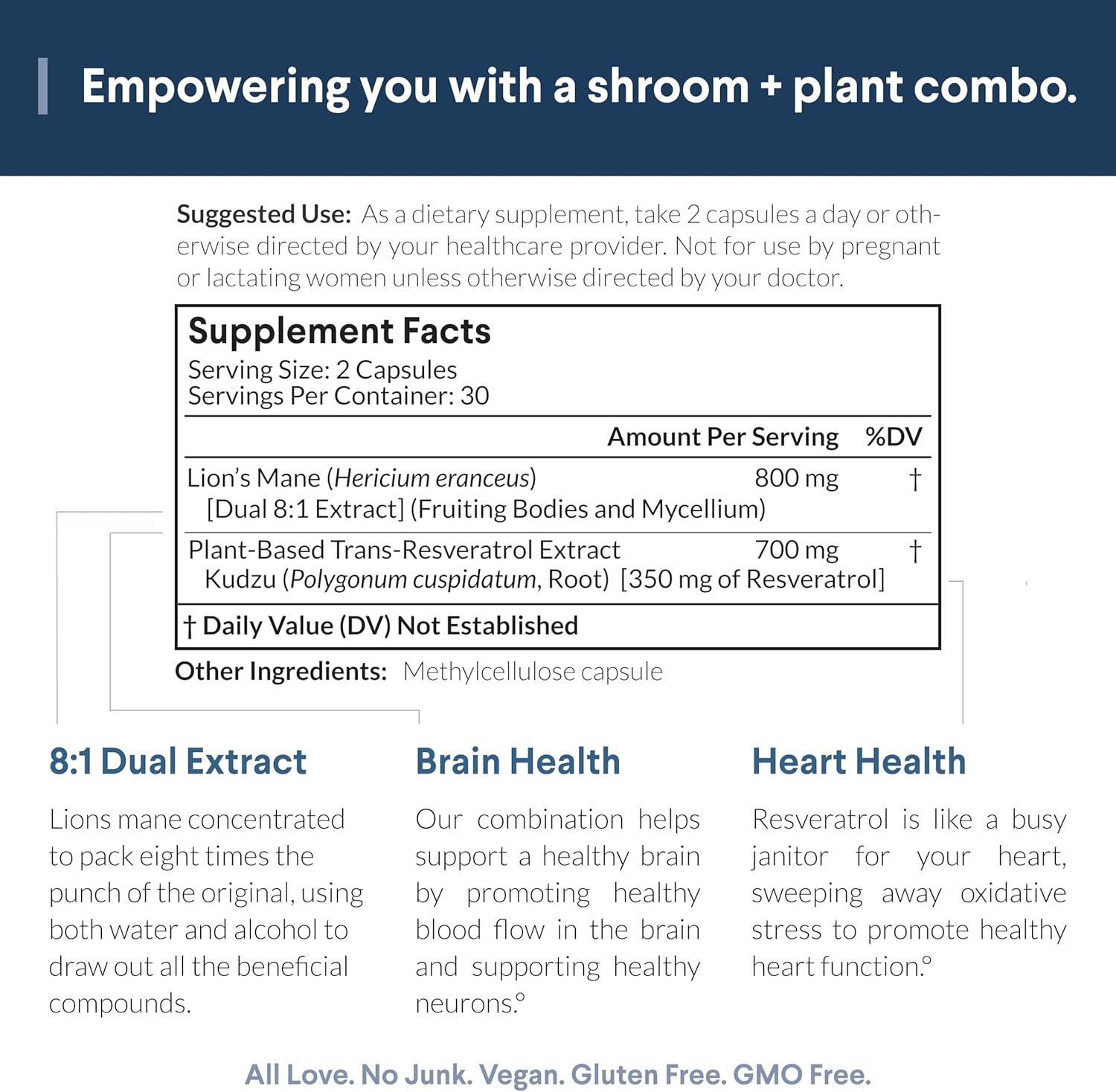 Organic Lion's Mane & Resveratrol Capsules - 800mg Lion's Mane Extract, Plant-Based Trans Resveratrol, Brain Health Supplement, 60ct.