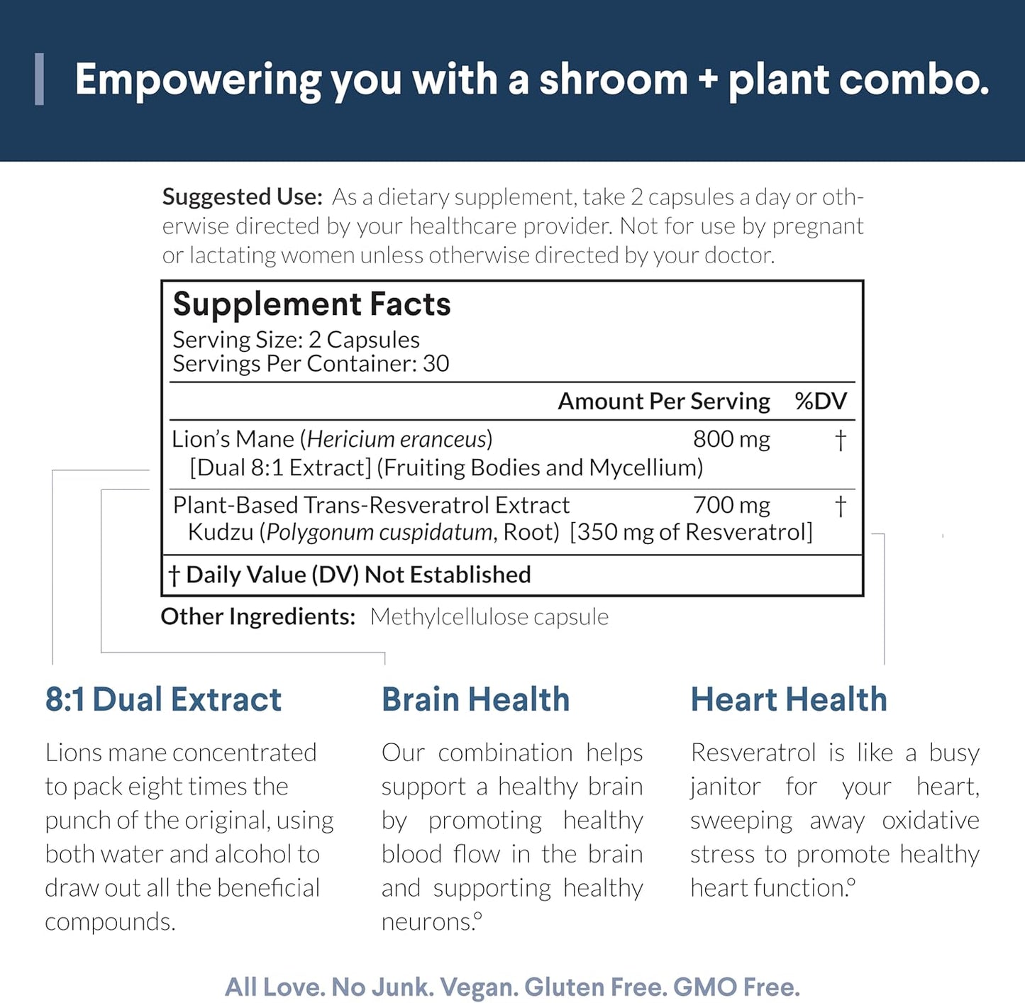Organic Lion's Mane & Resveratrol Capsules - 800mg Lion's Mane Extract, Plant-Based Trans Resveratrol, Brain Health Supplement, 60ct.