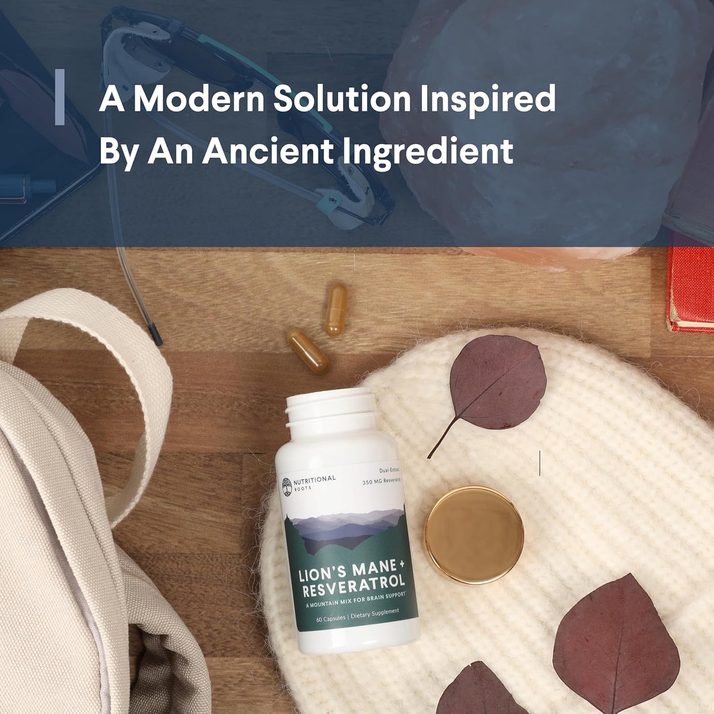 Organic Lion's Mane & Resveratrol Capsules - 800mg Lion's Mane Extract, Plant-Based Trans Resveratrol, Brain Health Supplement, 60ct.