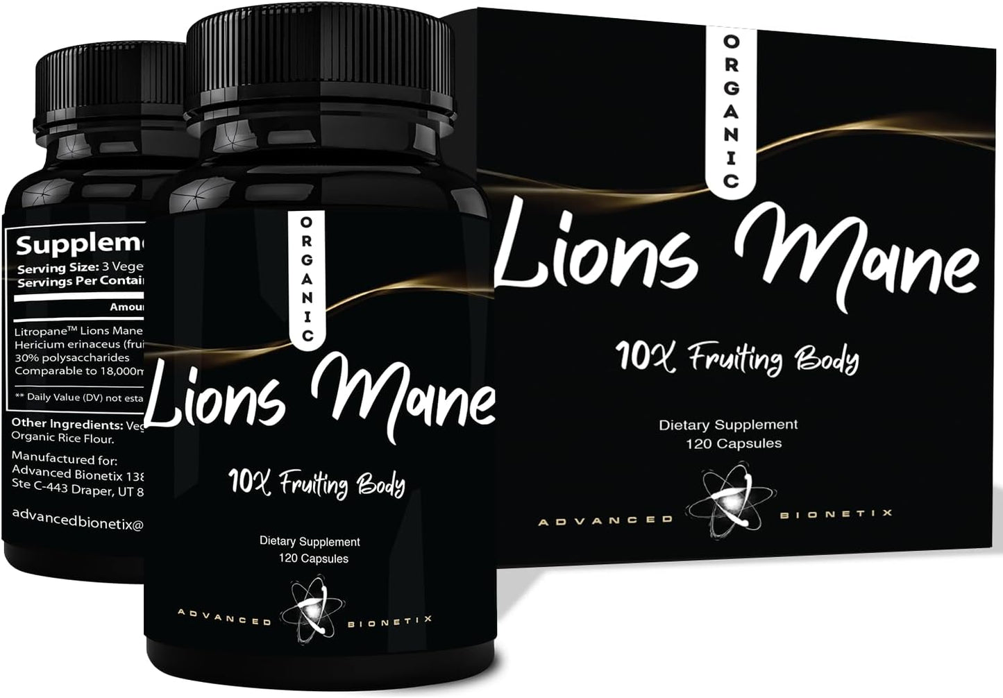 Organic Lions Mane Supplement 120 Capsules - Advanced Brain and Immune Support with 10X Extract and Patent Pending Litropane™