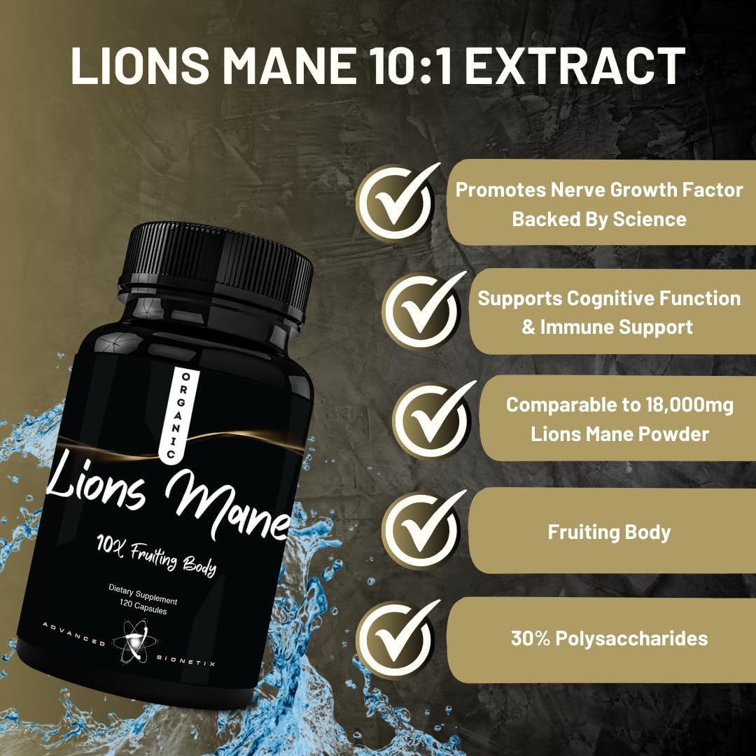 Organic Lions Mane Supplement 120 Capsules - Advanced Brain and Immune Support with 10X Extract and Patent Pending Litropane™