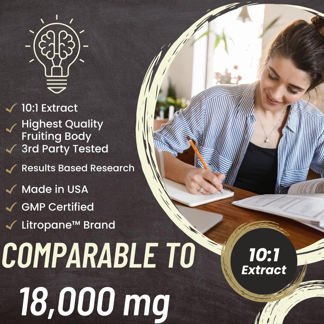 Organic Lions Mane Supplement 120 Capsules - Advanced Brain and Immune Support with 10X Extract and Patent Pending Litropane™
