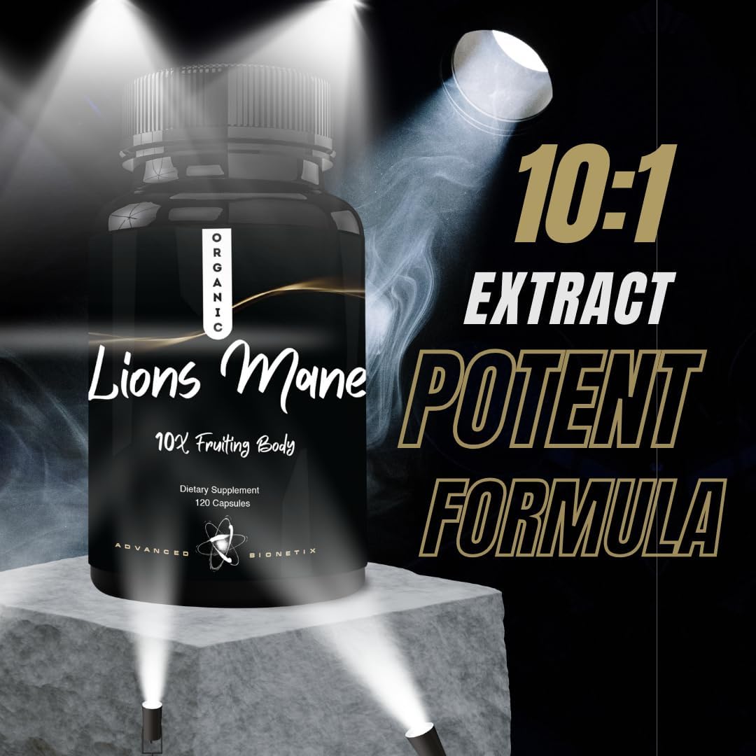 Organic Lions Mane Supplement 120 Capsules - Advanced Brain and Immune Support with 10X Extract and Patent Pending Litropane™