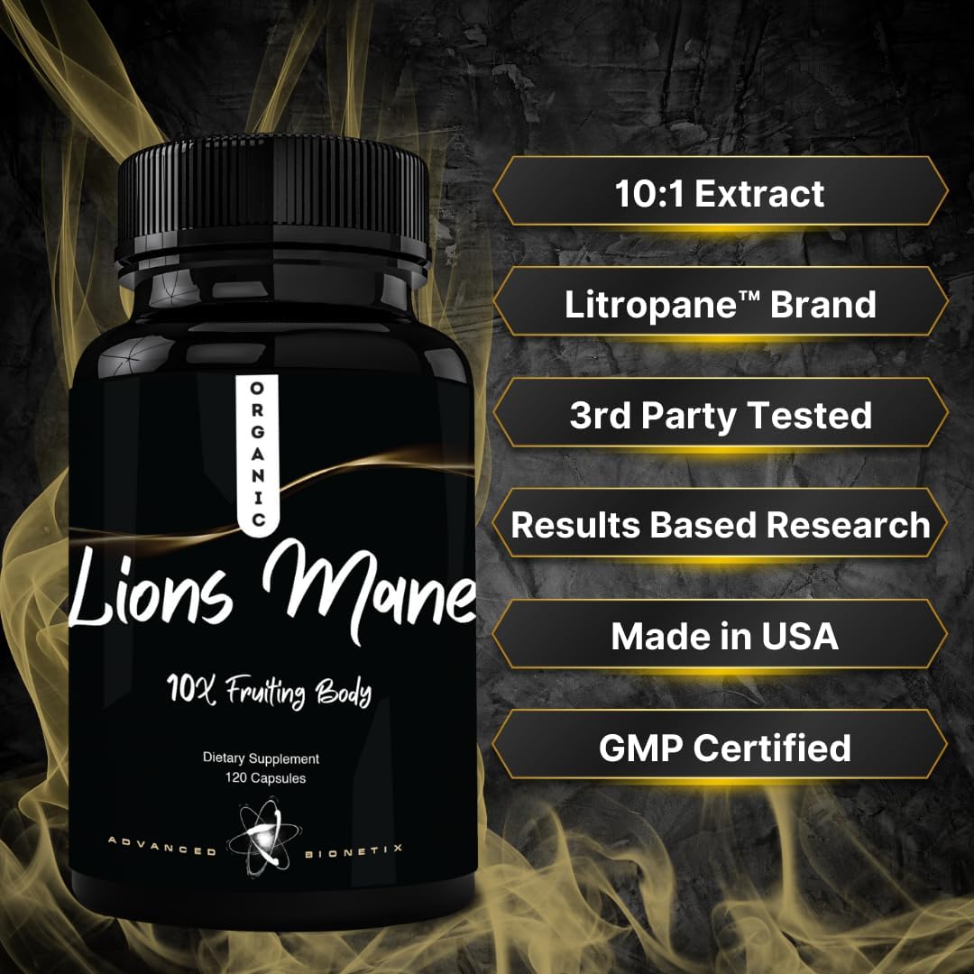 Organic Lions Mane Supplement 120 Capsules - Advanced Brain and Immune Support with 10X Extract and Patent Pending Litropane™