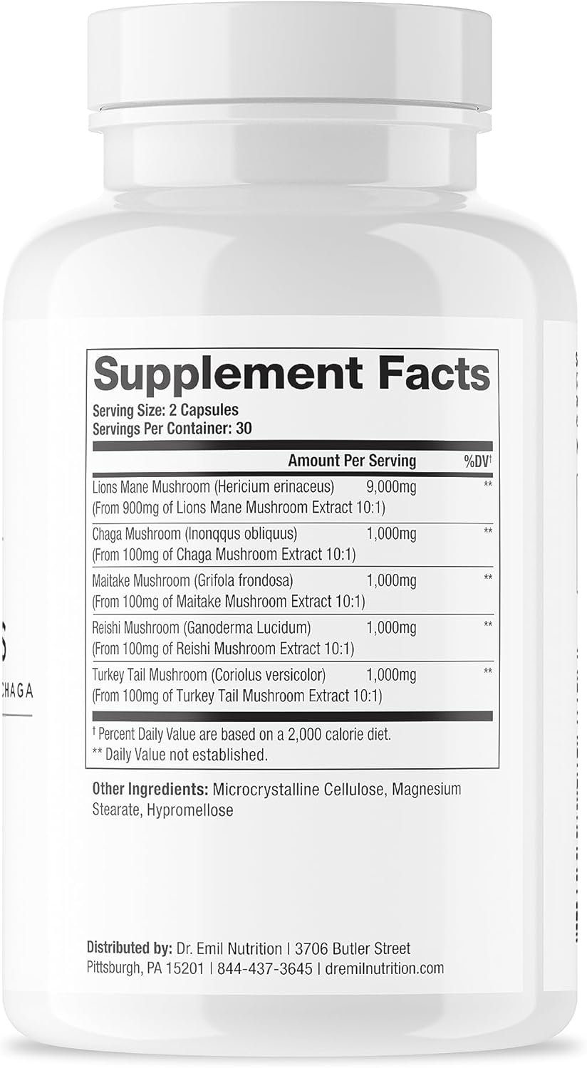 Organic Lions Mane Supplement Capsules with Chaga, Reishi & Maitake for Wellness - 9000mg Mushroom Blend by Dr. Emil Nutrition