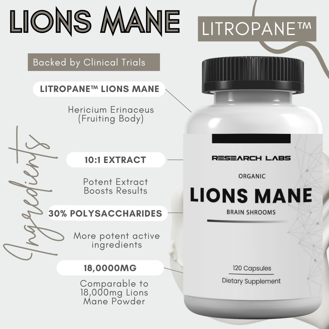 Organic Lions Mane Supplement Capsules with Litropane™ for Immune Support & Nootropic Benefits - 120 Capsules, 10X Extract (Equivalent to 18,000mg)