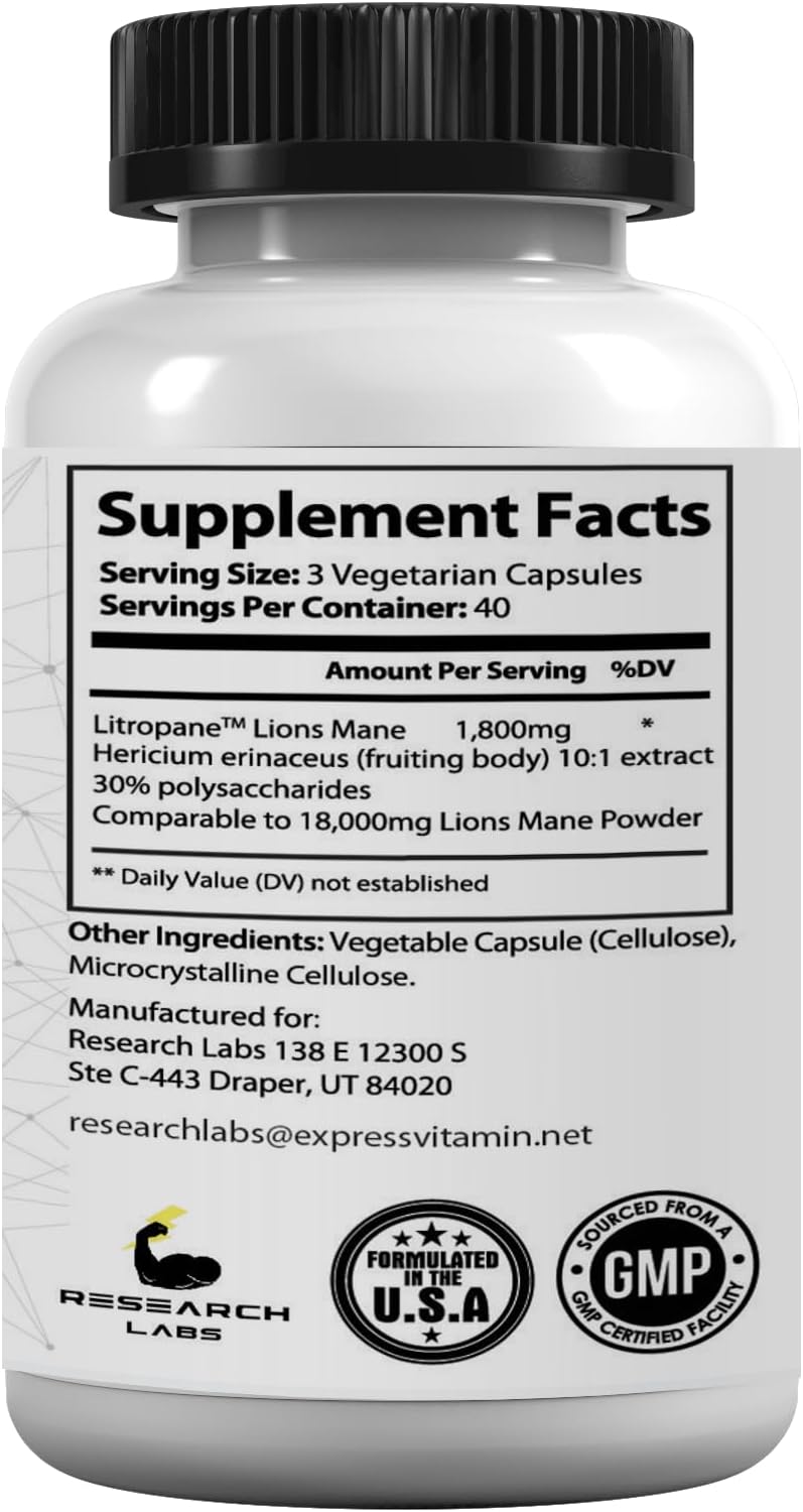Organic Lions Mane Supplement Capsules with Litropane™ for Immune Support & Nootropic Benefits - 120 Capsules, 10X Extract (Equivalent to 18,000mg)