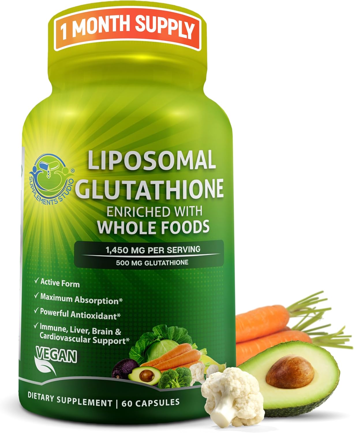 Organic Liposomal Glutathione 500mg with Whole Foods - High Absorption L Glutathione Supplement for Immune & Cardiovascular Health - 60 capsules