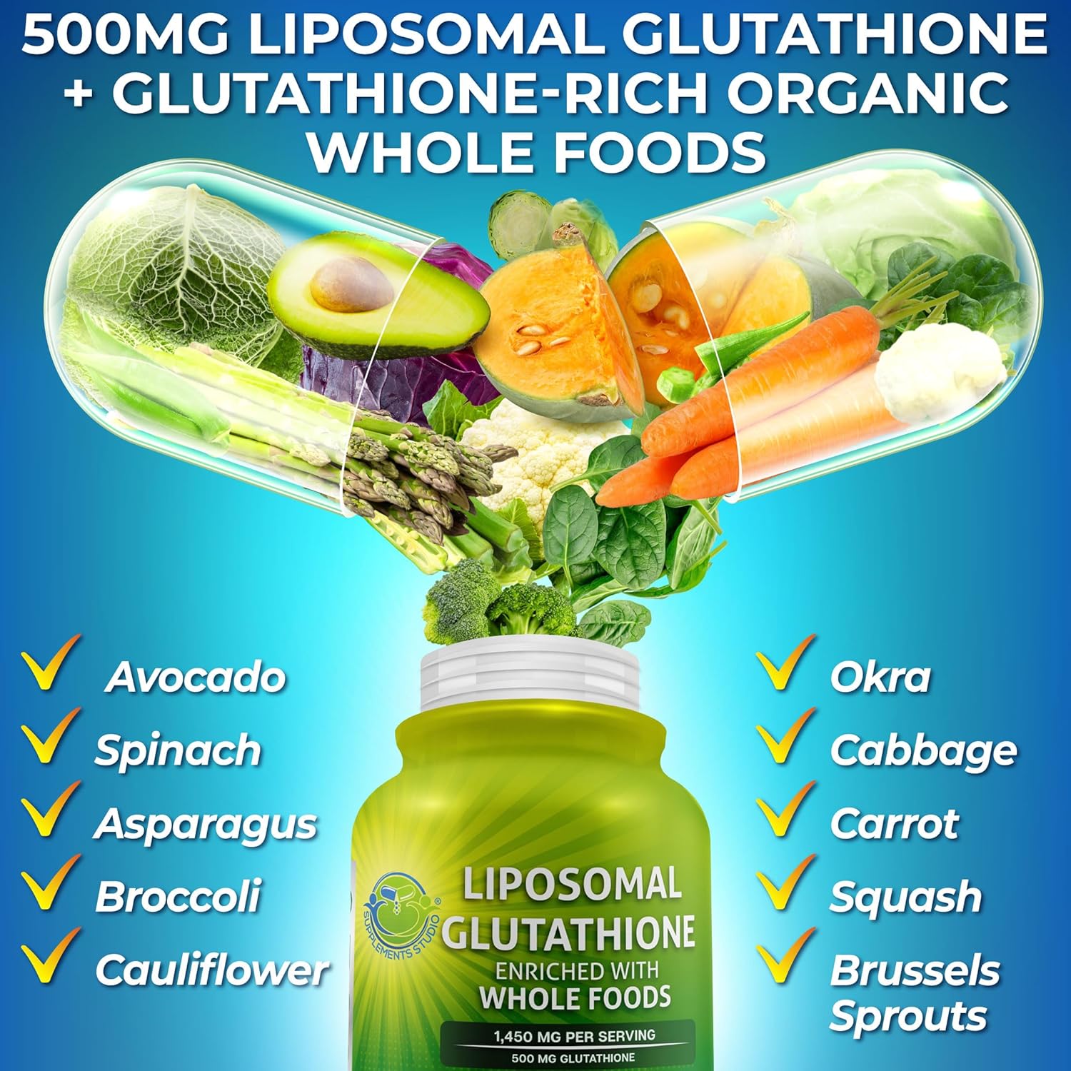 Organic Liposomal Glutathione 500mg with Whole Foods - High Absorption L Glutathione Supplement for Immune & Cardiovascular Health - 60 capsules