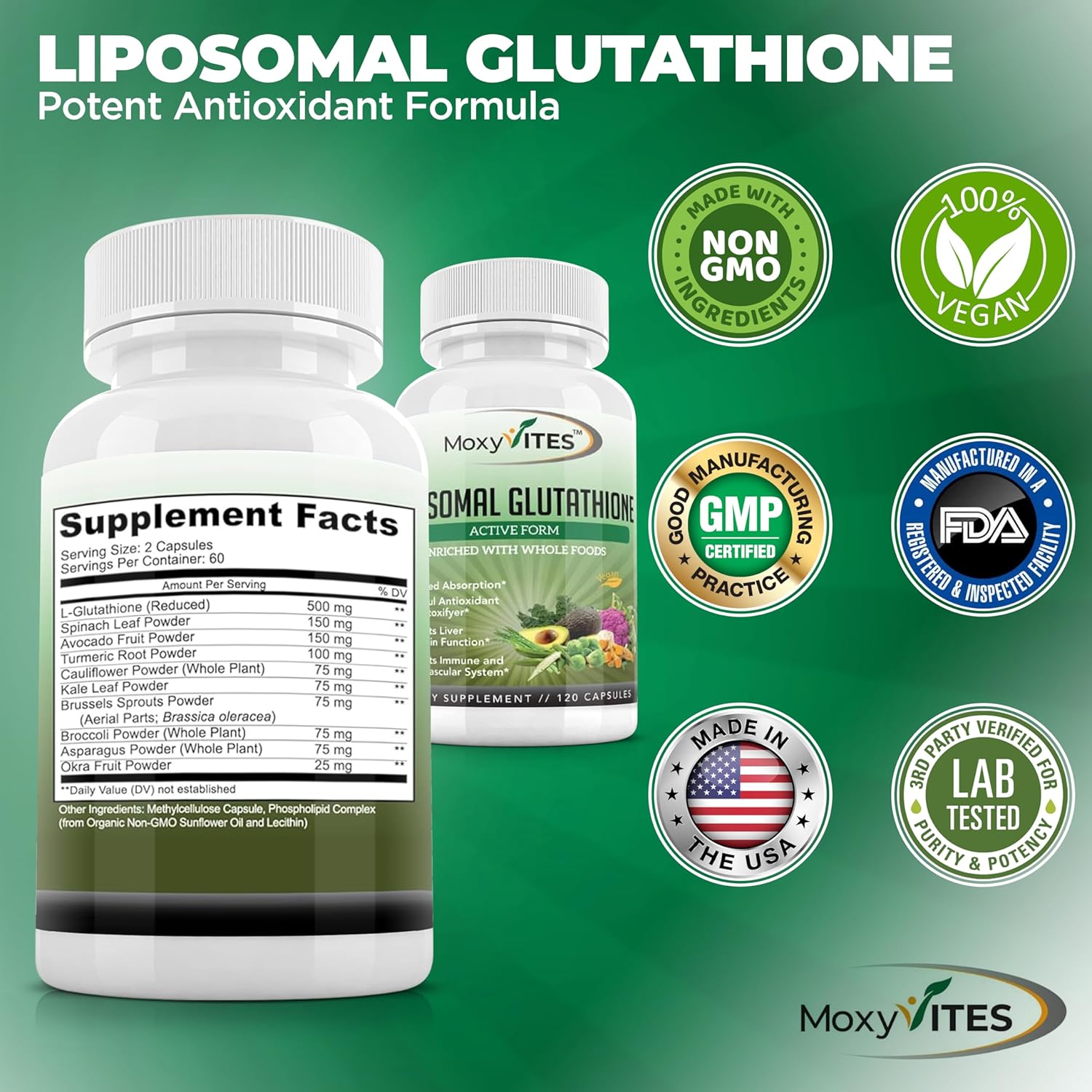 Organic Liposomal Glutathione Supplement 500mg - Pure Reduced GSH - Non GMO Complex - Antioxidant - 120 Capsules