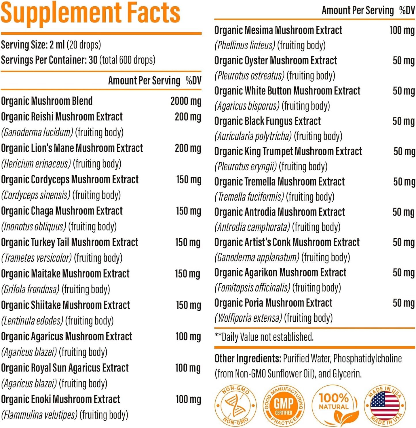 Organic Liposomal Mushroom Complex Drops 2000 MG - Immunity & Cognitive Support - Lions Mane, Reishi, Cordyceps, Chaga - 60 Servings