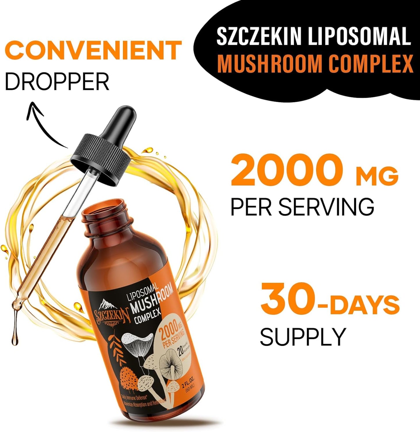 Organic Liposomal Mushroom Complex Drops 2000 MG - Immunity & Cognitive Support - Lions Mane, Reishi, Cordyceps, Chaga - 60 Servings