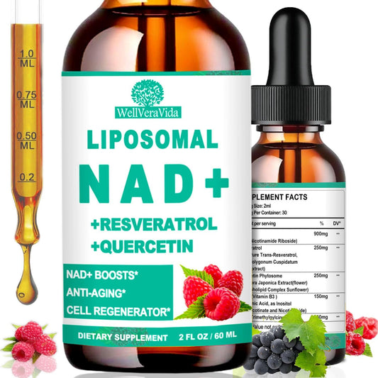 Organic Liposomal NAD Resveratrol Supplement for Longevity & Energy: Women & Men, Nicotinamide Riboside 900mg, TMG, Quercetin, Vitamin B3 - WellVeraVida Anti-Aging Focus