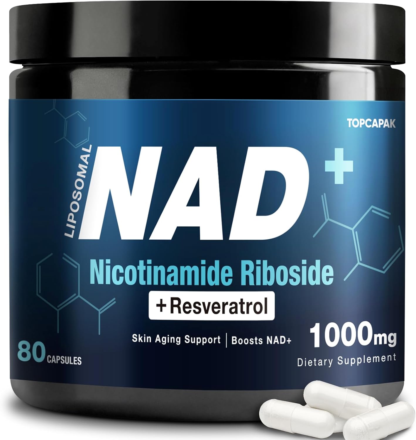 Organic Liposomal NAD+ Supplement 1000mg for Healthy Aging - NR and Resveratrol Blend for Brain and Cellular Energy, 80 Capsules