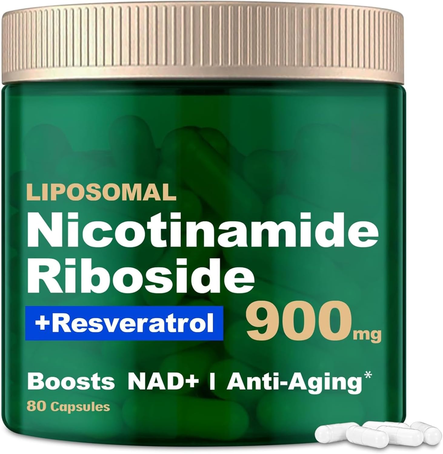 Organic Liposomal NAD+ Supplement with 900mg Nicotinamide Riboside, Resveratrol, Quercetin - Anti-Aging, Energy, Focus - 80 Capsules