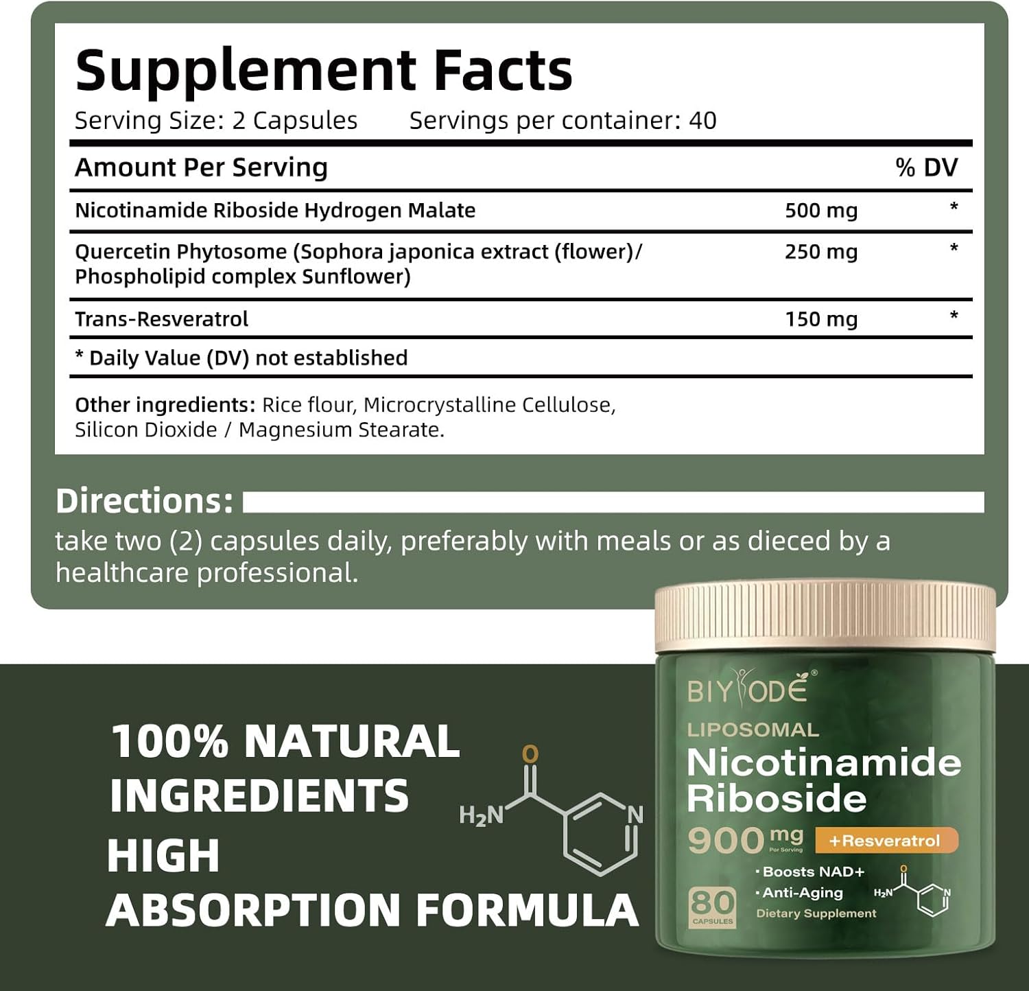 Organic Liposomal Nicotinamide Riboside Supplement with Resveratrol and Quercetin for Energy Boost (80 Capsules)