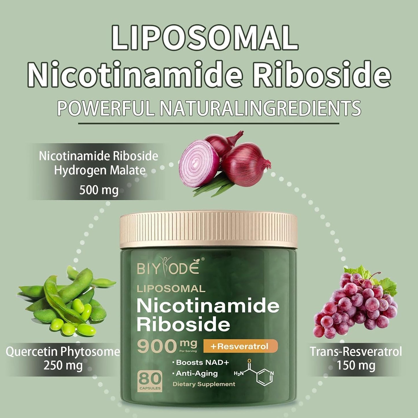 Organic Liposomal Nicotinamide Riboside Supplement with Resveratrol and Quercetin for Energy Boost (80 Capsules)