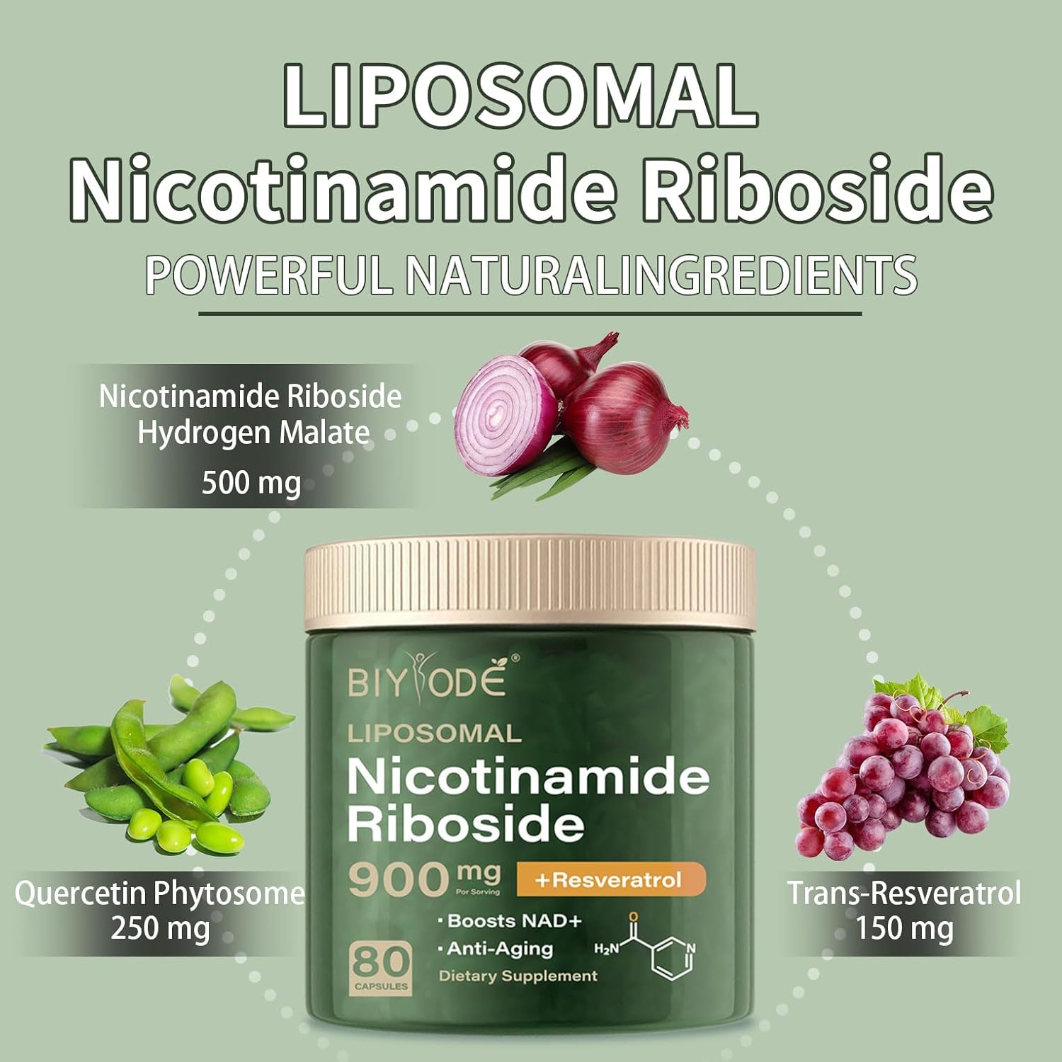 Organic Liposomal Nicotinamide Riboside Supplement with Resveratrol and Quercetin for Energy Boost (80 Capsules)