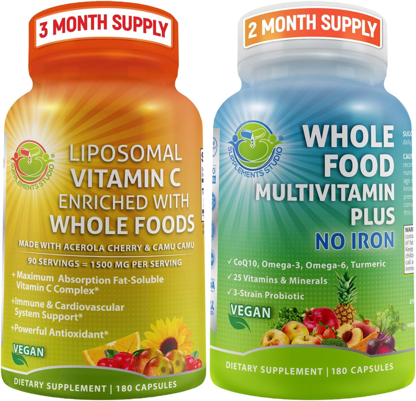 Organic Liposomal Vitamin C Capsules with Acerola Cherries & Camu Camu + Vegan Whole Food Multivitamin Bundle